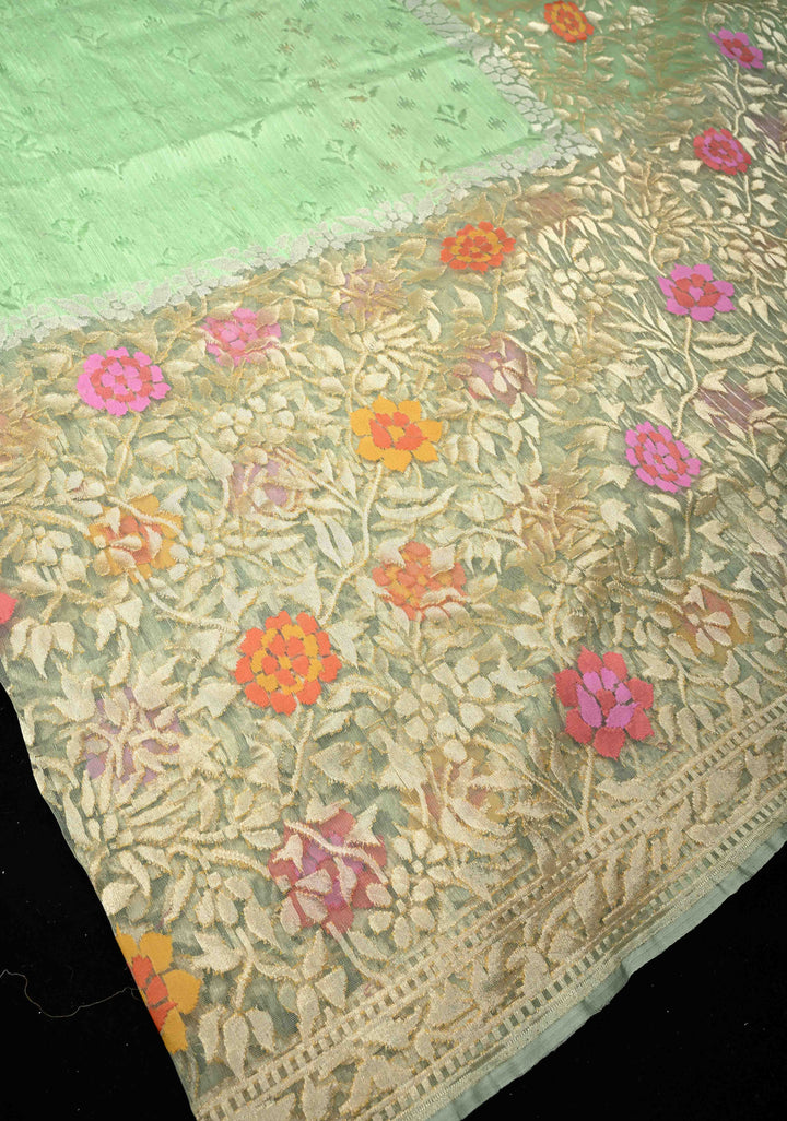 Pista Green Handloom Banarasi Meenakari Raw Silk by  Net Saree Featuring Jamdhani Inspired Design
