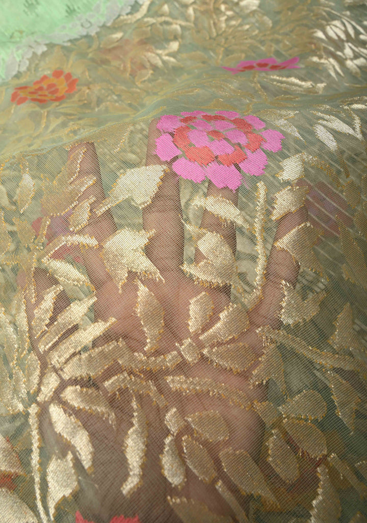 Pista Green Handloom Banarasi Meenakari Raw Silk by  Net Saree Featuring Jamdhani Inspired Design