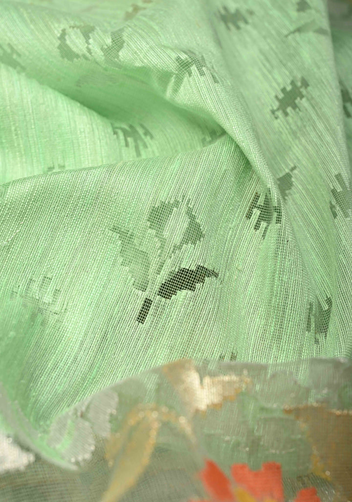 Pista Green Handloom Banarasi Meenakari Raw Silk by  Net Saree Featuring Jamdhani Inspired Design