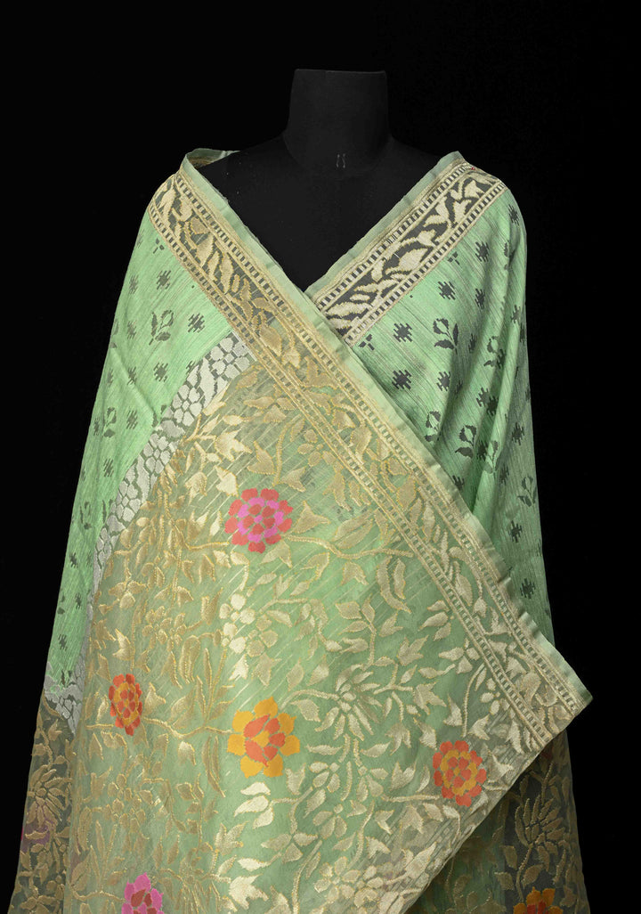 Pista Green Handloom Banarasi Meenakari Raw Silk by  Net Saree Featuring Jamdhani Inspired Design