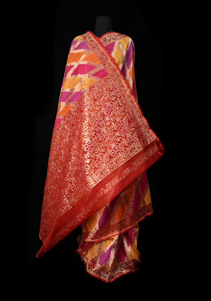 Exquisite Multicolor Rangkaat Inspired Design on Banarasi Raw Silk Net Saree with Net Border and Pallu | SILK MARK CERTIFIED