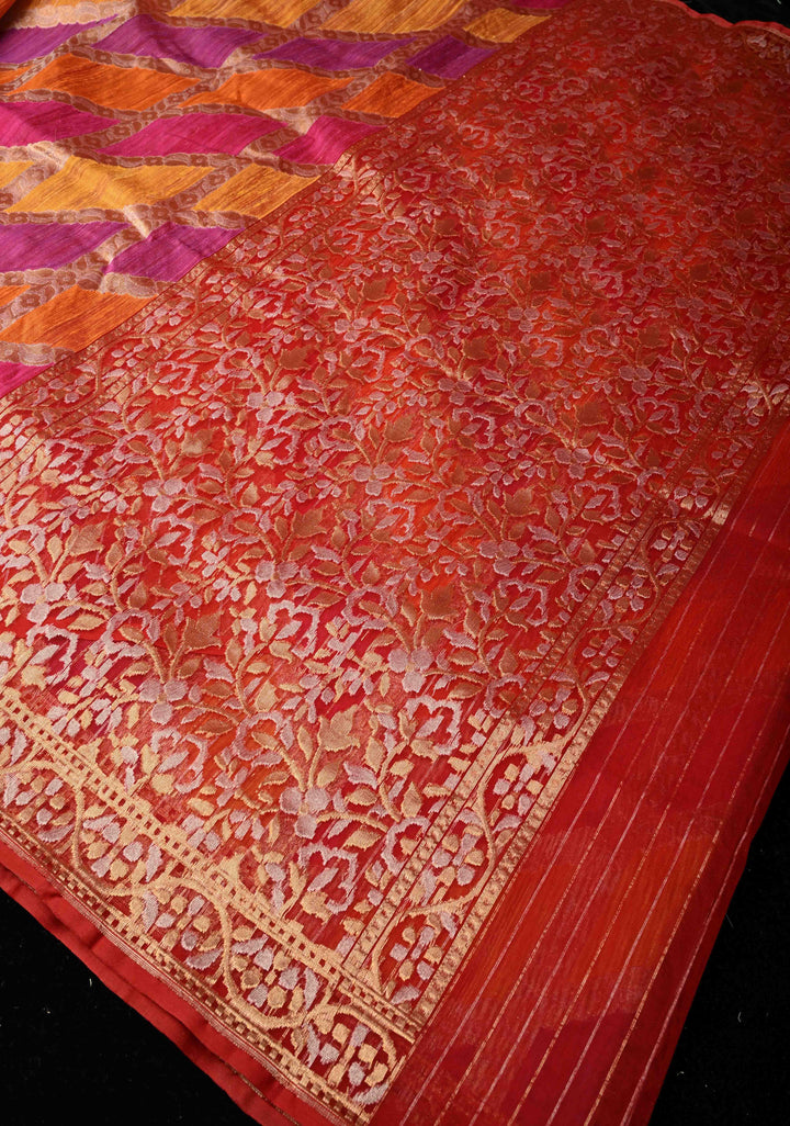 Exquisite Multicolor Rangkaat Inspired Design on Banarasi Raw Silk Net Saree with Net Border and Pallu | SILK MARK CERTIFIED