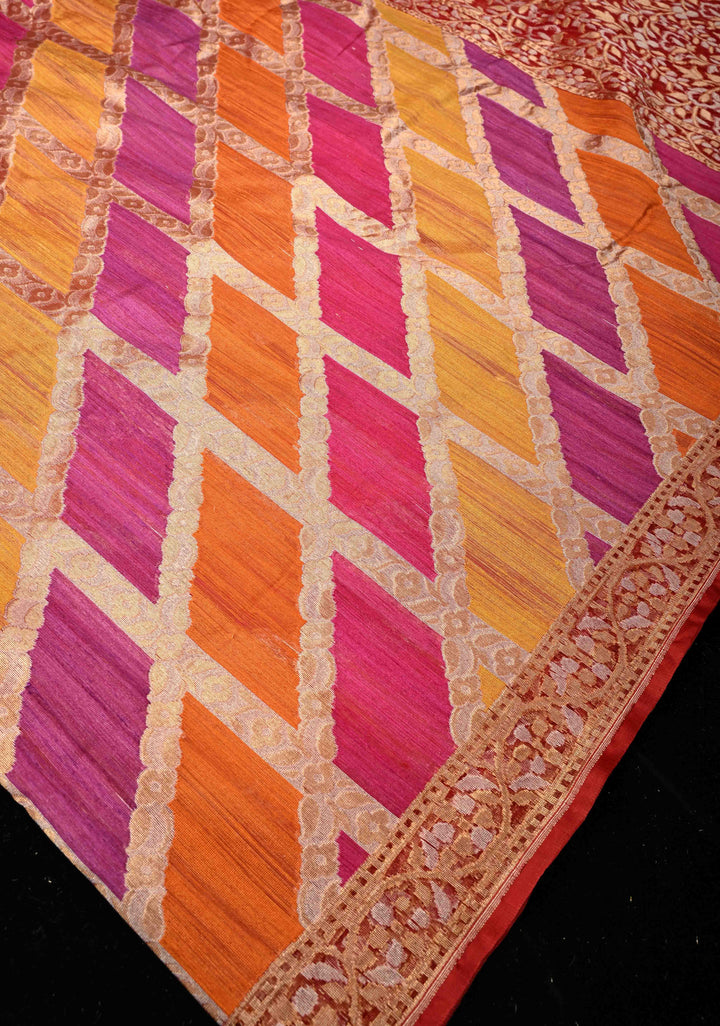 Exquisite Multicolor Rangkaat Inspired Design on Banarasi Raw Silk Net Saree with Net Border and Pallu | SILK MARK CERTIFIED