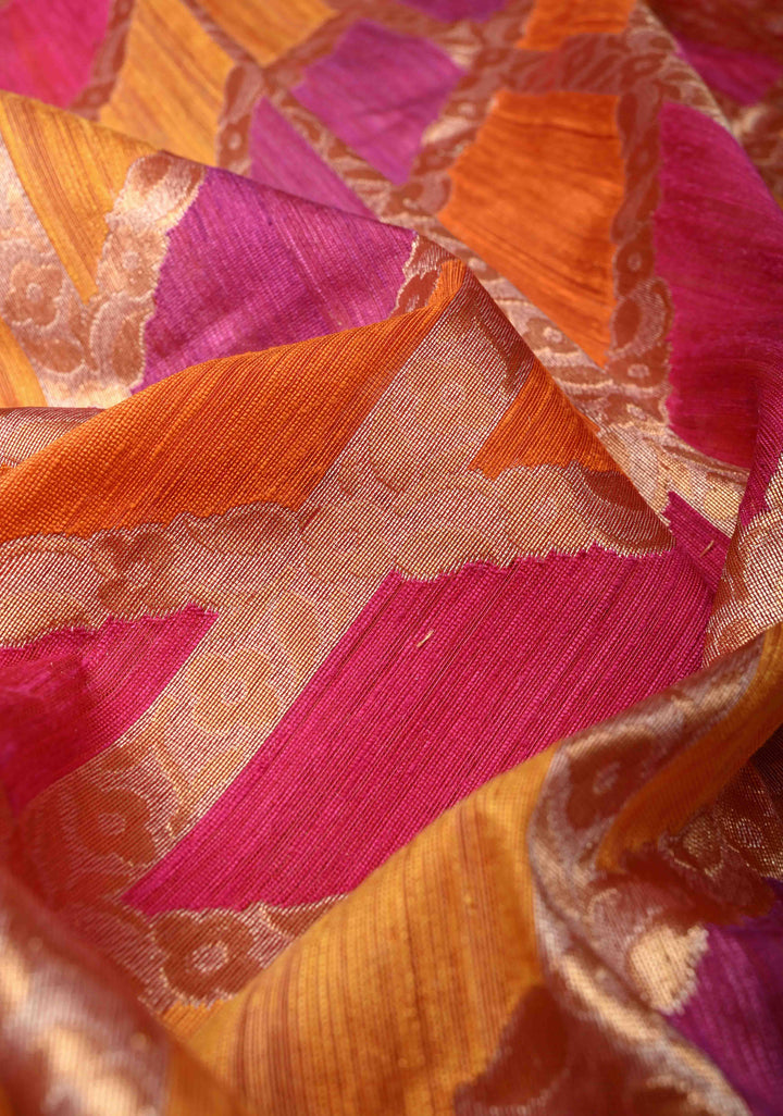 Exquisite Multicolor Rangkaat Inspired Design on Banarasi Raw Silk Net Saree with Net Border and Pallu | SILK MARK CERTIFIED