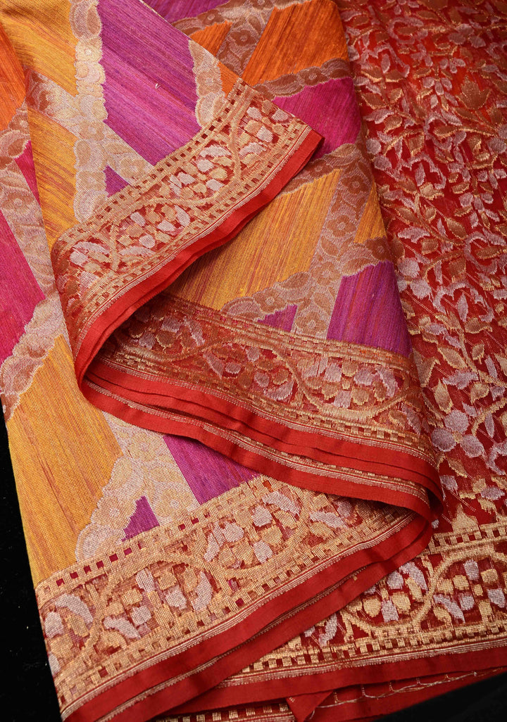 Exquisite Multicolor Rangkaat Inspired Design on Banarasi Raw Silk Net Saree with Net Border and Pallu | SILK MARK CERTIFIED