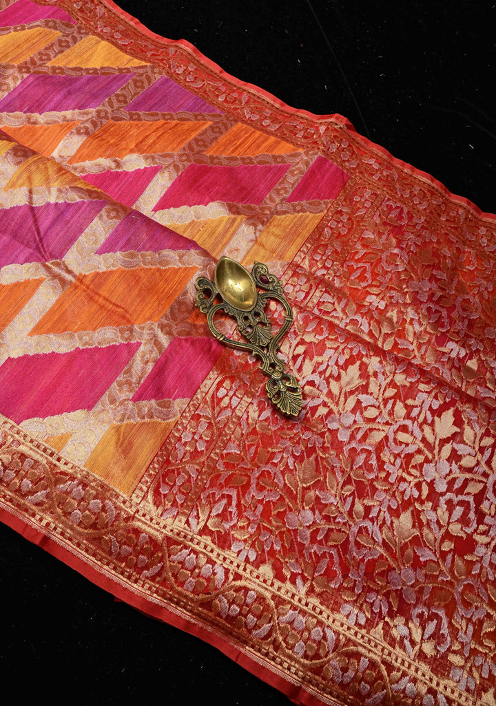 Exquisite Multicolor Rangkaat Inspired Design on Banarasi Raw Silk Net Saree with Net Border and Pallu | SILK MARK CERTIFIED