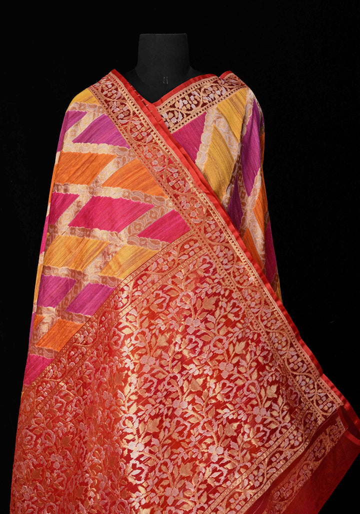 Exquisite Multicolor Rangkaat Inspired Design on Banarasi Raw Silk Net Saree with Net Border and Pallu | SILK MARK CERTIFIED