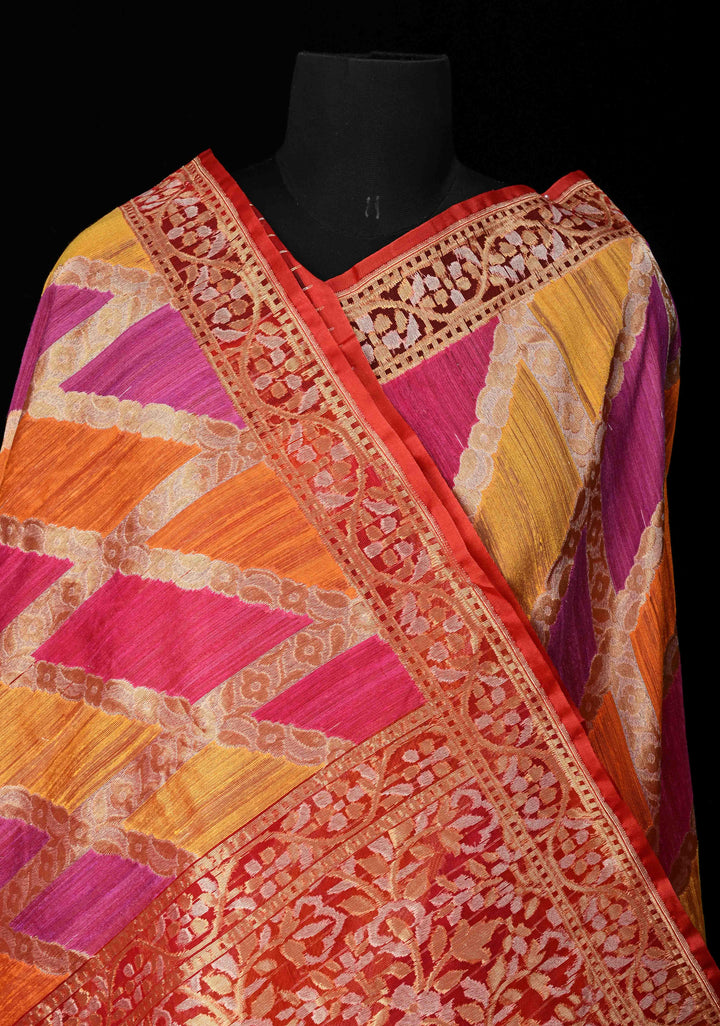 Exquisite Multicolor Rangkaat Inspired Design on Banarasi Raw Silk Net Saree with Net Border and Pallu | SILK MARK CERTIFIED
