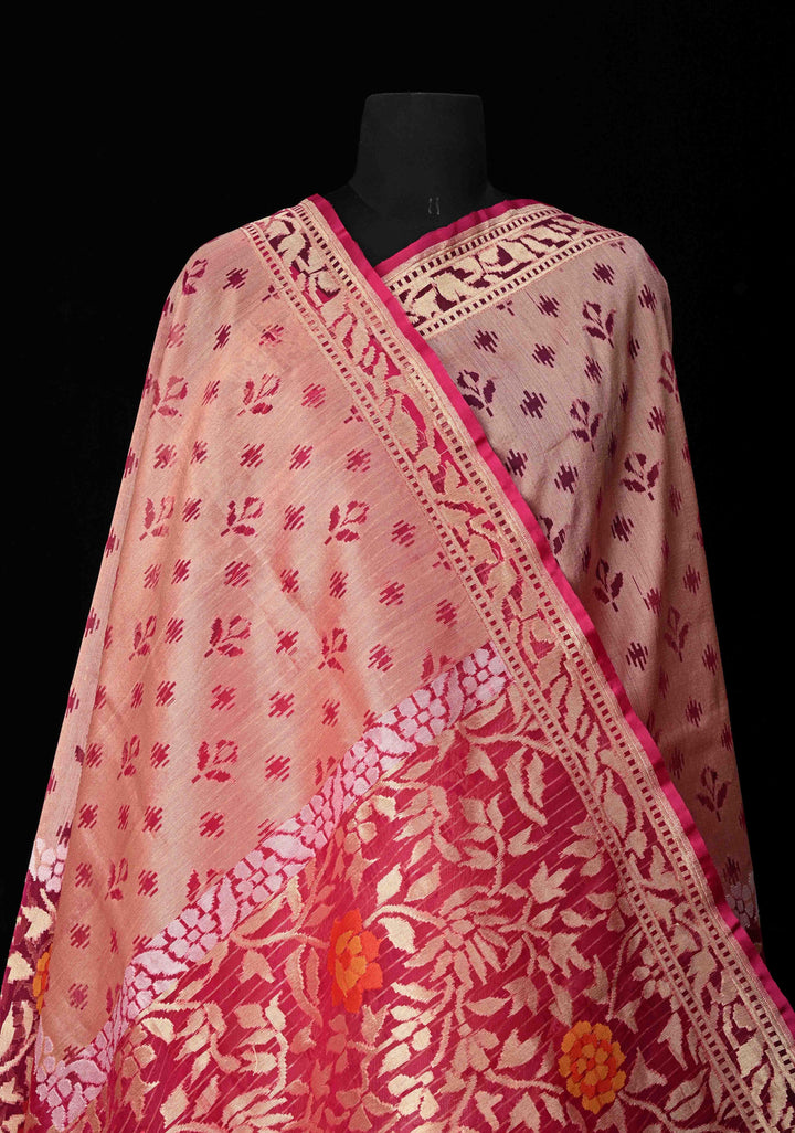 Magenta Handloom Banarasi Meenakari  Net Saree with Featuring Jamdani Inspired Design | SILK MARK CERTIFIED