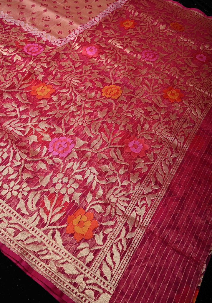 Magenta Handloom Banarasi Meenakari  Net Saree with Featuring Jamdani Inspired Design | SILK MARK CERTIFIED