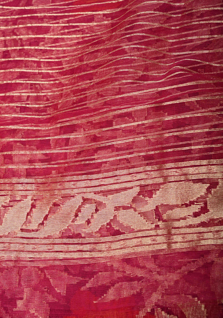 Magenta Handloom Banarasi Meenakari  Net Saree with Featuring Jamdani Inspired Design | SILK MARK CERTIFIED