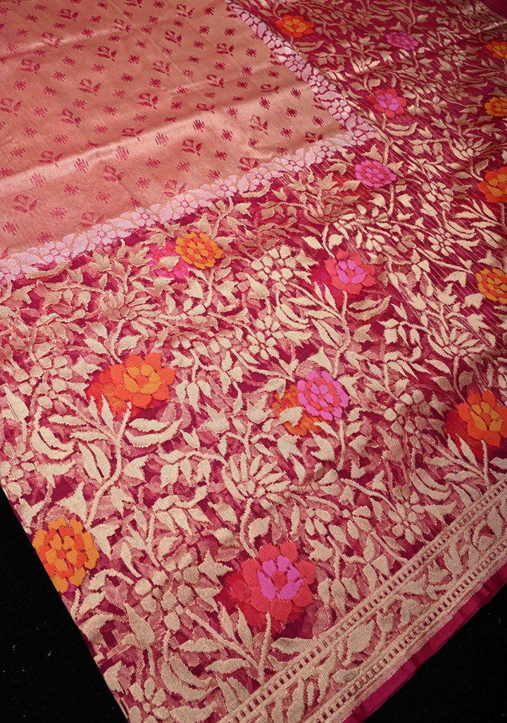 Magenta Handloom Banarasi Meenakari  Net Saree with Featuring Jamdani Inspired Design | SILK MARK CERTIFIED