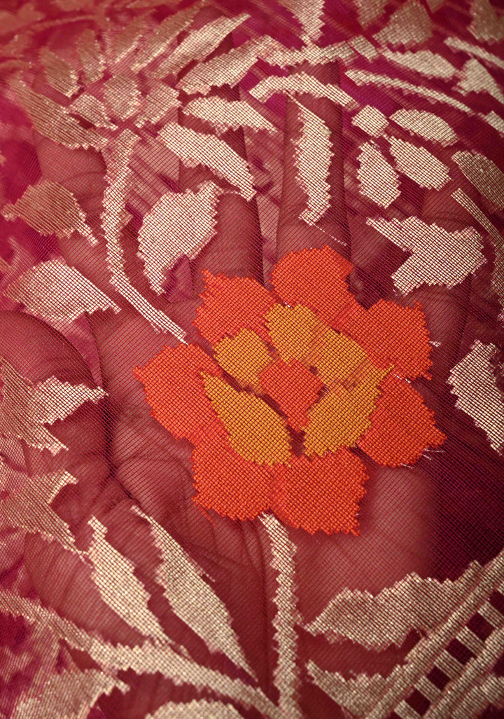 Magenta Handloom Banarasi Meenakari  Net Saree with Featuring Jamdani Inspired Design | SILK MARK CERTIFIED