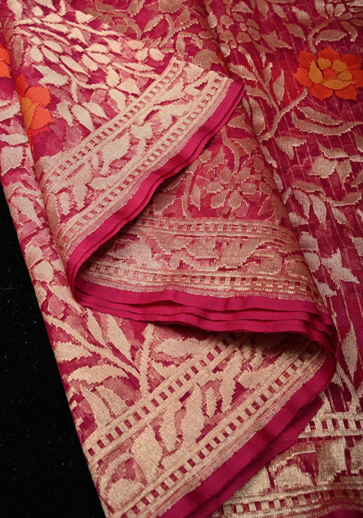Magenta Handloom Banarasi Meenakari  Net Saree with Featuring Jamdani Inspired Design | SILK MARK CERTIFIED