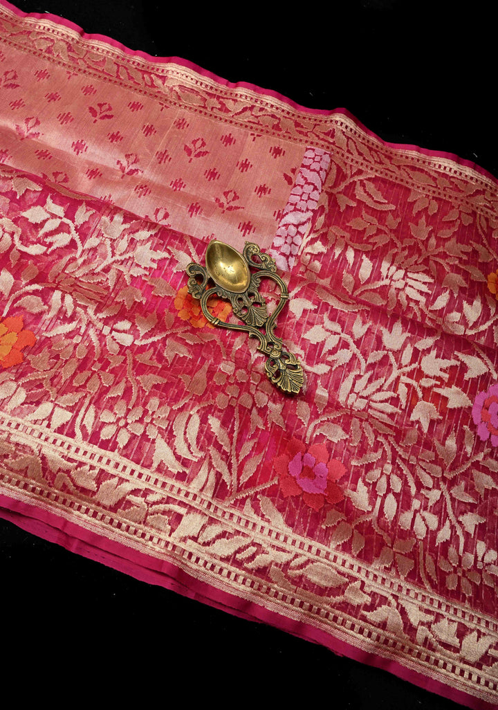 Magenta Handloom Banarasi Meenakari  Net Saree with Featuring Jamdani Inspired Design | SILK MARK CERTIFIED