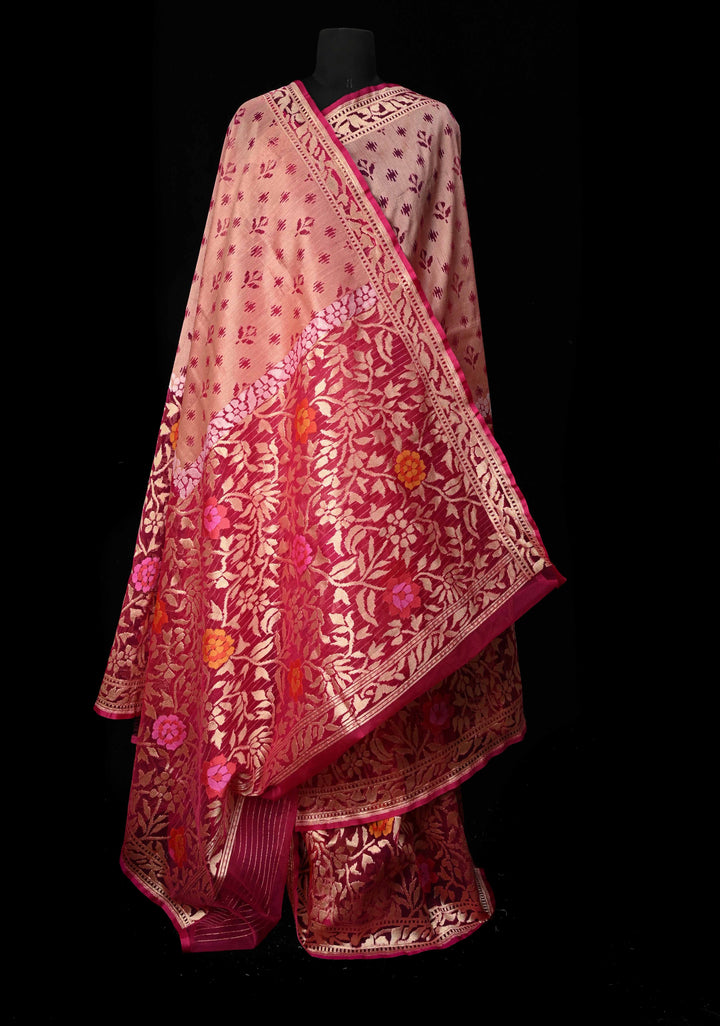 Magenta Handloom Banarasi Meenakari  Net Saree with Featuring Jamdani Inspired Design | SILK MARK CERTIFIED