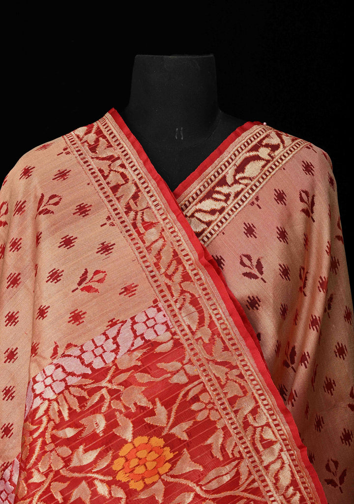 Red Handloom Banarasi Meenakari  Net Saree with Featuring Jamdhani Inspired Design | SILK MARK CERTIFIED
