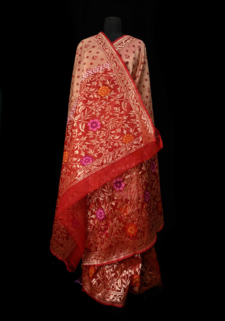 Red Handloom Banarasi Meenakari  Net Saree with Featuring Jamdhani Inspired Design | SILK MARK CERTIFIED