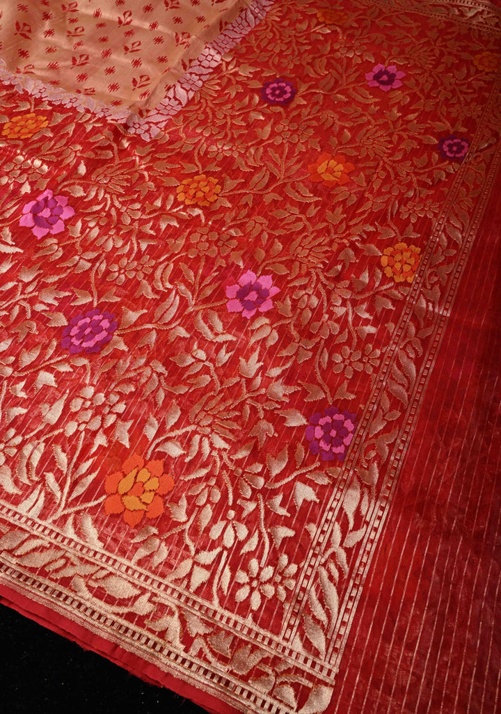 Red Handloom Banarasi Meenakari  Net Saree with Featuring Jamdhani Inspired Design | SILK MARK CERTIFIED
