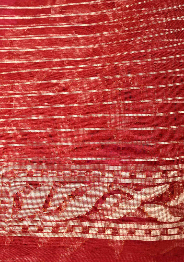 Red Handloom Banarasi Meenakari  Net Saree with Featuring Jamdhani Inspired Design | SILK MARK CERTIFIED