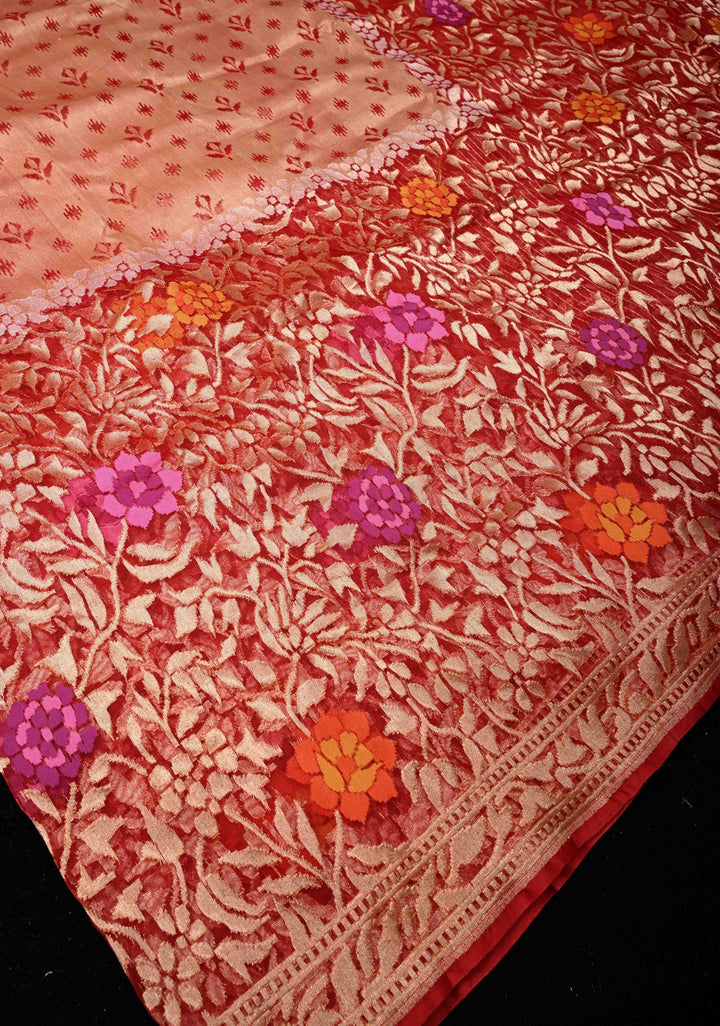 Red Handloom Banarasi Meenakari  Net Saree with Featuring Jamdhani Inspired Design | SILK MARK CERTIFIED