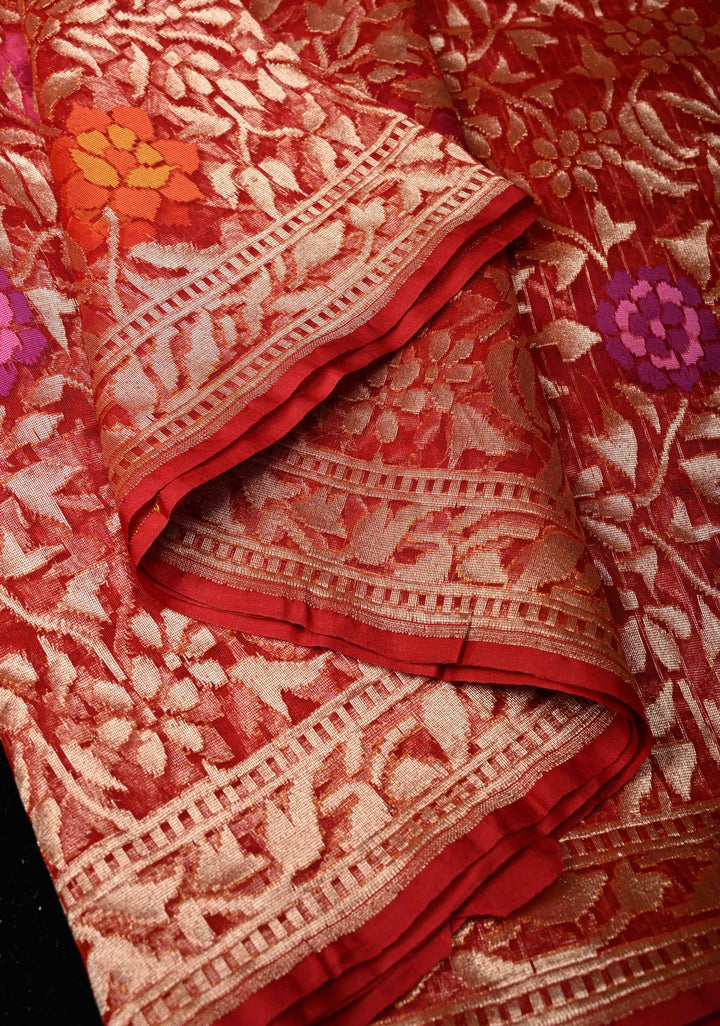 Red Handloom Banarasi Meenakari  Net Saree with Featuring Jamdhani Inspired Design | SILK MARK CERTIFIED