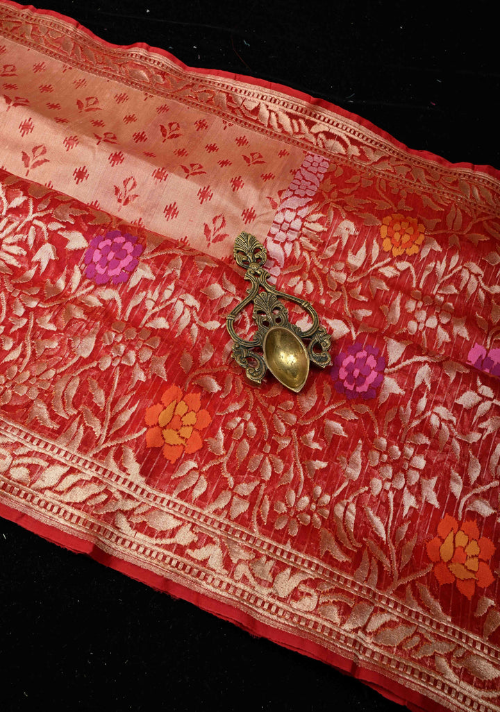 Red Handloom Banarasi Meenakari  Net Saree with Featuring Jamdhani Inspired Design | SILK MARK CERTIFIED