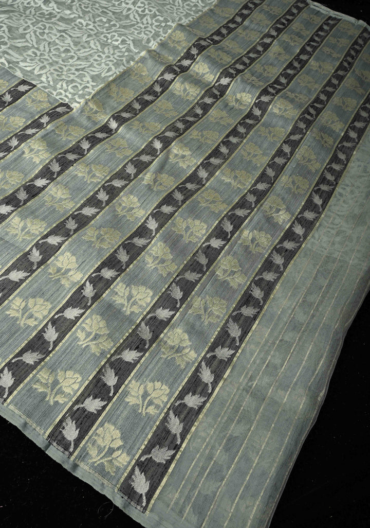 Gray Elegant Banarasi Handloom Net Saree in Jamdani Style Weave with Vertical Panel Border | SILK MARK CERTIFIED