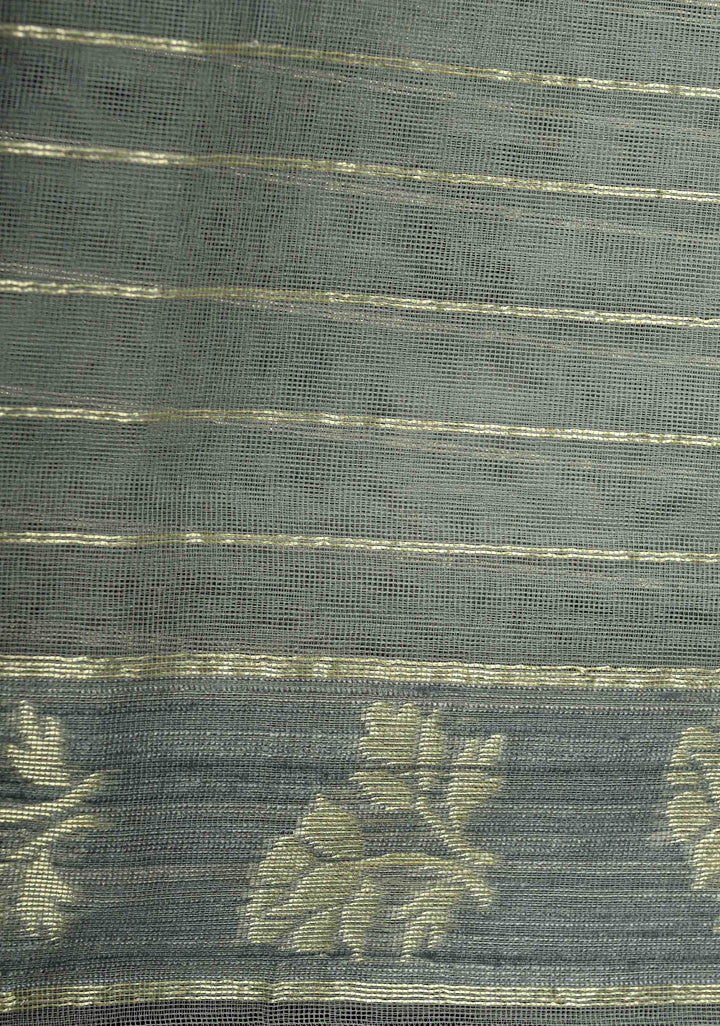 Gray Elegant Banarasi Handloom Net Saree in Jamdani Style Weave with Vertical Panel Border | SILK MARK CERTIFIED