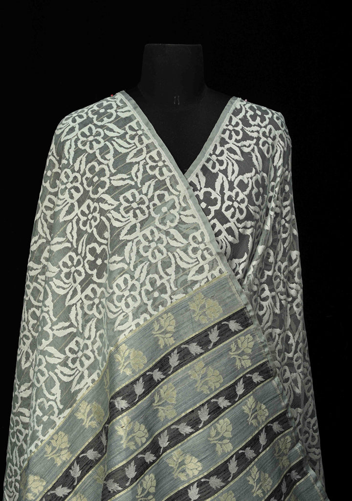 Gray Elegant Banarasi Handloom Net Saree in Jamdani Style Weave with Vertical Panel Border | SILK MARK CERTIFIED