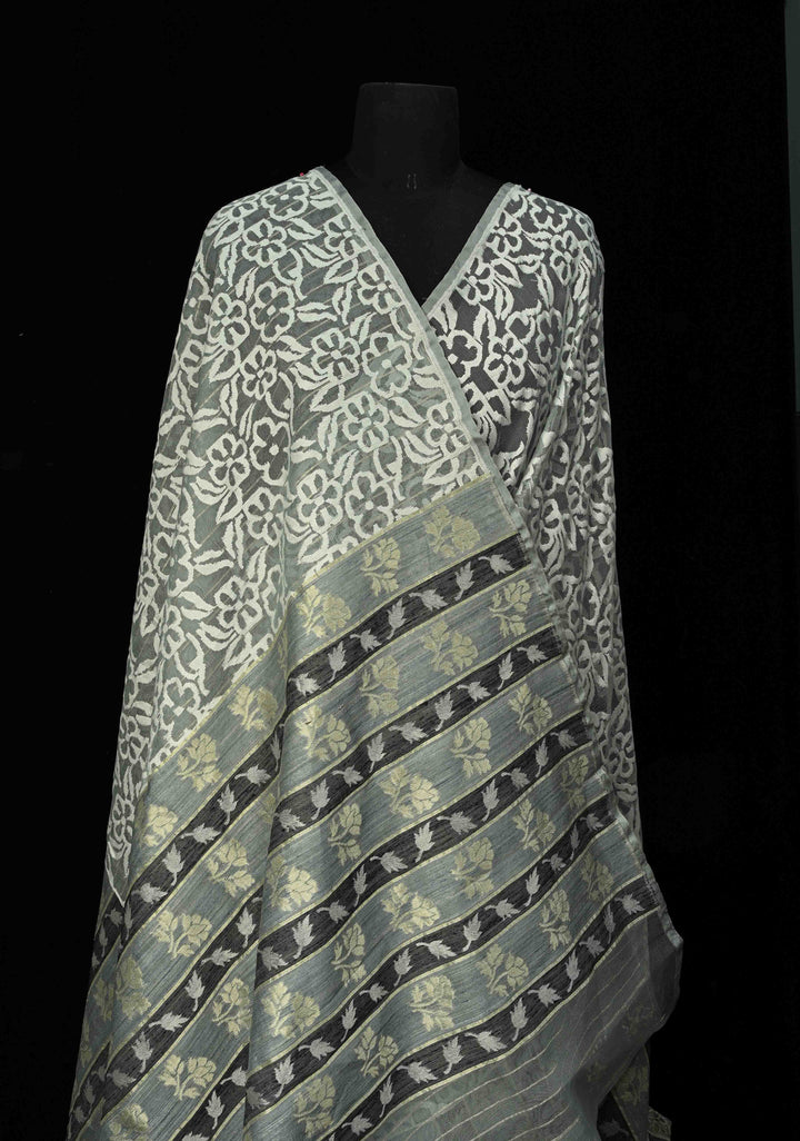 Gray Elegant Banarasi Handloom Net Saree in Jamdani Style Weave with Vertical Panel Border | SILK MARK CERTIFIED