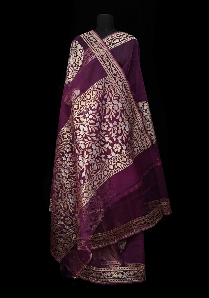 Jamuni Purple Handloom Banarasi Net Saree Featuring  Alfi Gold silver Motifs |SILK MARK CERTIFIED