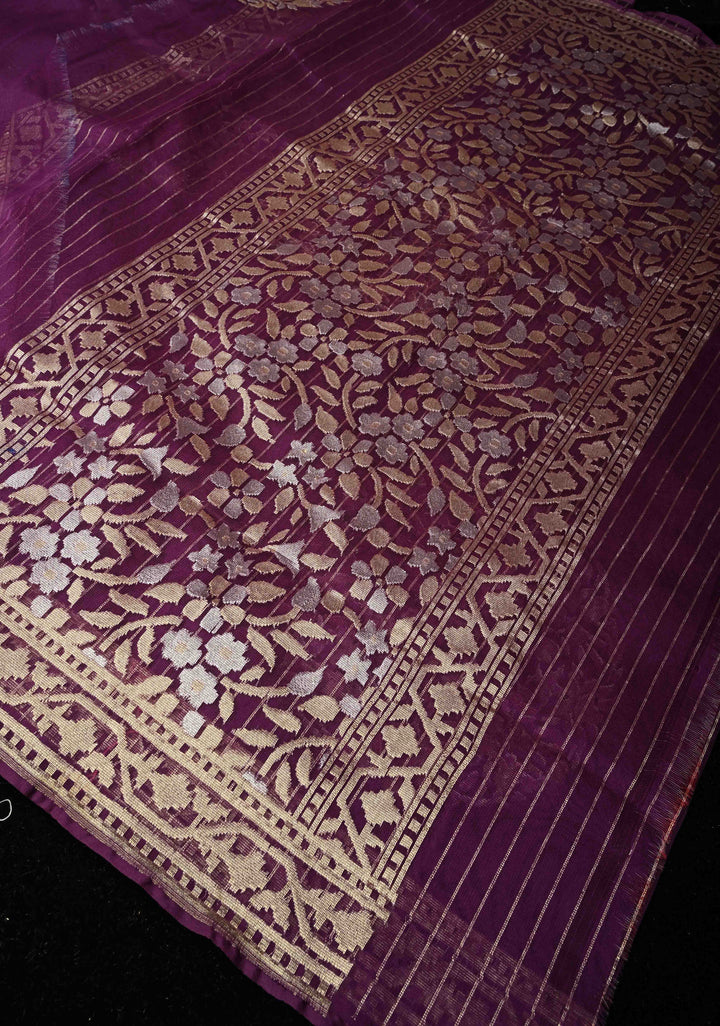 Jamuni Purple Handloom Banarasi Net Saree Featuring  Alfi Gold silver Motifs |SILK MARK CERTIFIED