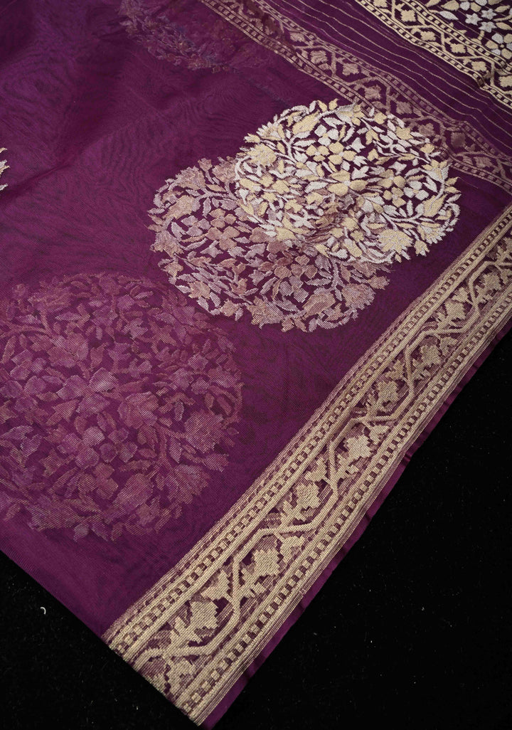 Jamuni Purple Handloom Banarasi Net Saree Featuring  Alfi Gold silver Motifs |SILK MARK CERTIFIED