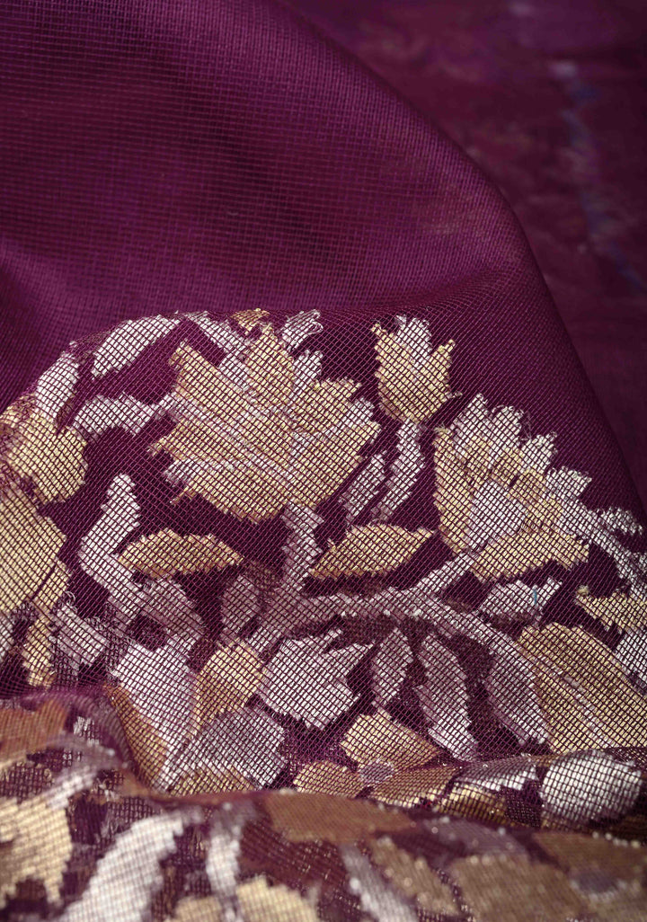 Jamuni Purple Handloom Banarasi Net Saree Featuring  Alfi Gold silver Motifs |SILK MARK CERTIFIED