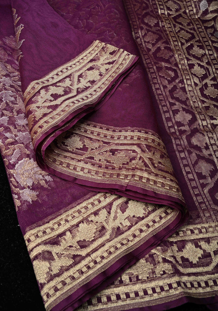 Jamuni Purple Handloom Banarasi Net Saree Featuring  Alfi Gold silver Motifs |SILK MARK CERTIFIED