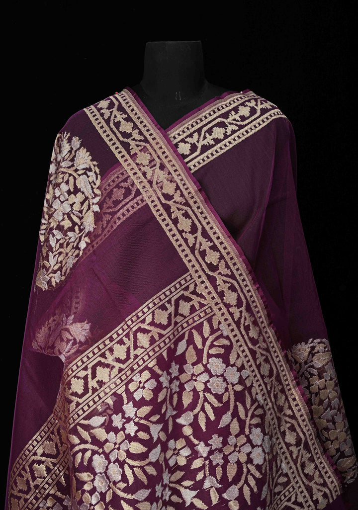 Jamuni Purple Handloom Banarasi Net Saree Featuring  Alfi Gold silver Motifs |SILK MARK CERTIFIED