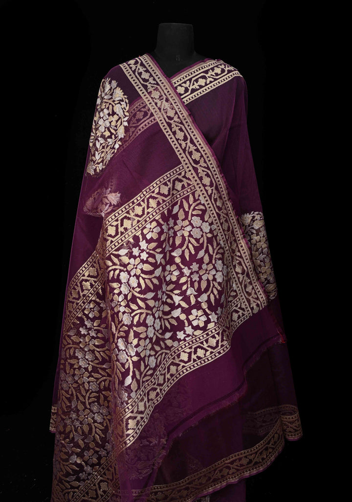 Jamuni Purple Handloom Banarasi Net Saree Featuring  Alfi Gold silver Motifs |SILK MARK CERTIFIED