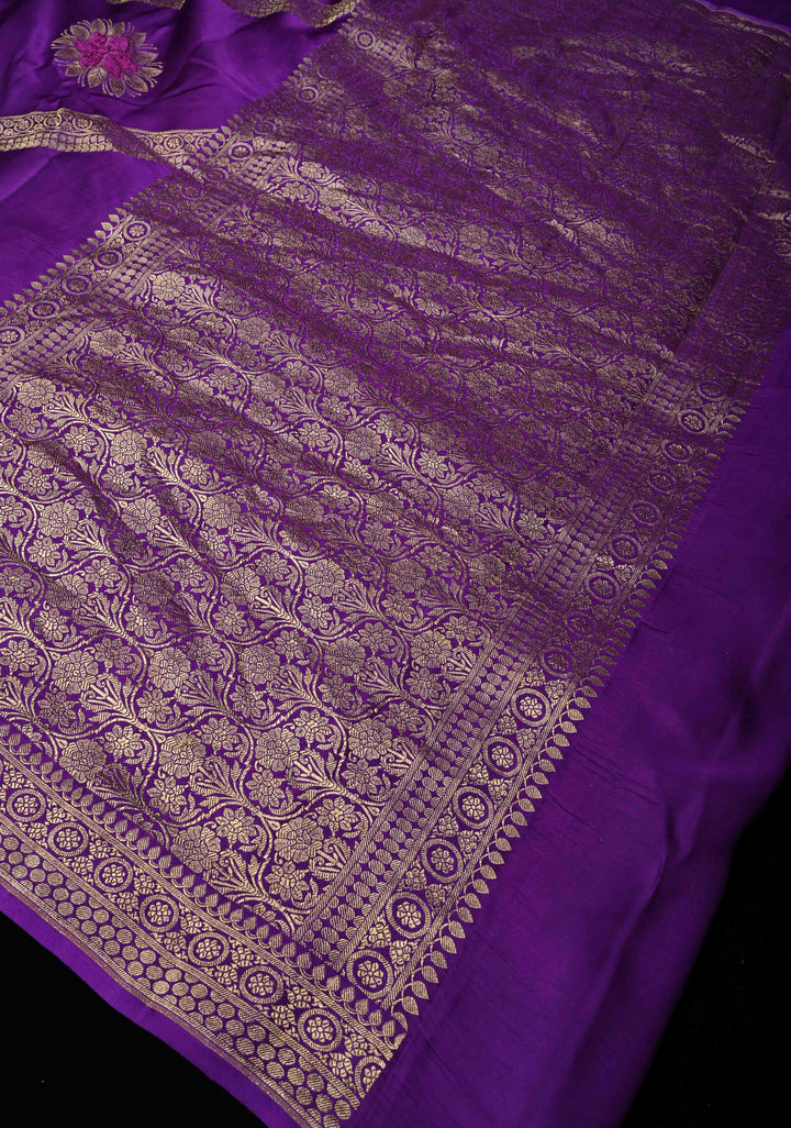 Purple Diagonal Stripes Koniya Motifs Meenakari Velvet embossed Weaving Banarasi Mashru Silk Saree With Zari Border |  SILK MARK CERTIFIED