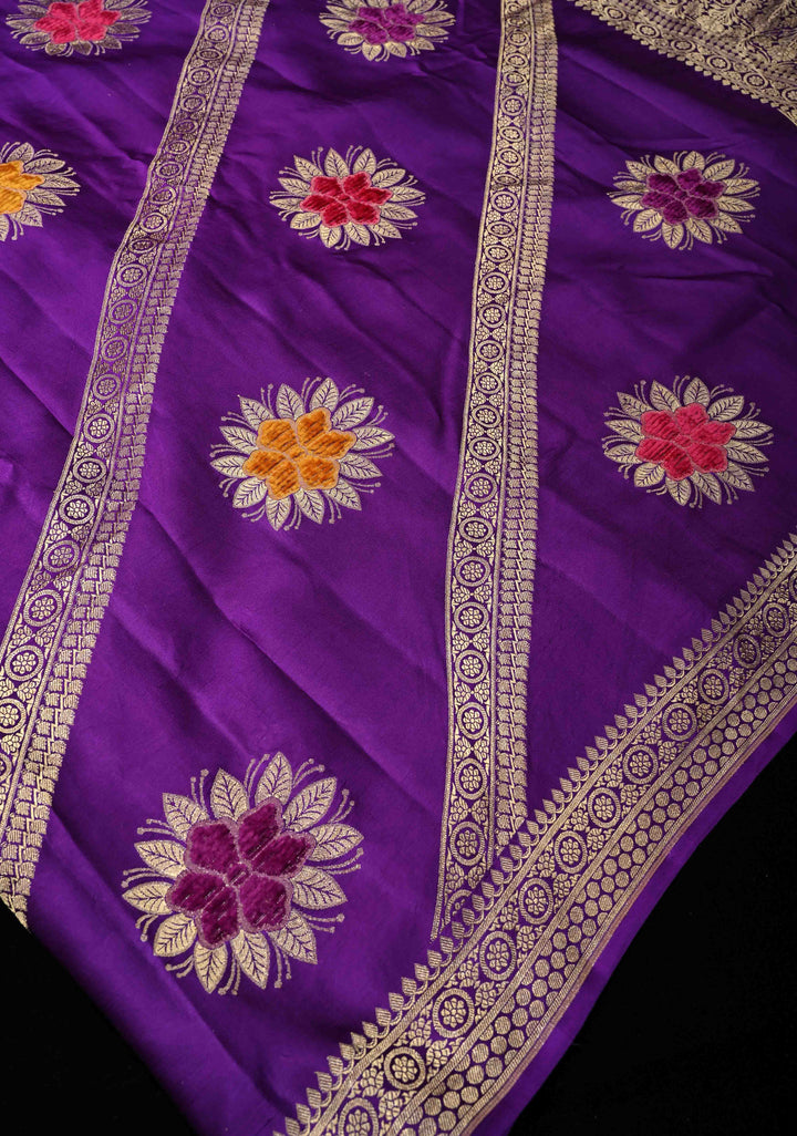 Purple Diagonal Stripes Koniya Motifs Meenakari Velvet embossed Weaving Banarasi Mashru Silk Saree With Zari Border |  SILK MARK CERTIFIED
