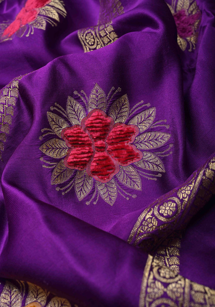 Purple Diagonal Stripes Koniya Motifs Meenakari Velvet embossed Weaving Banarasi Mashru Silk Saree With Zari Border |  SILK MARK CERTIFIED