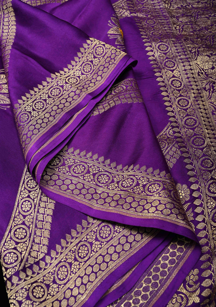 Purple Diagonal Stripes Koniya Motifs Meenakari Velvet embossed Weaving Banarasi Mashru Silk Saree With Zari Border |  SILK MARK CERTIFIED