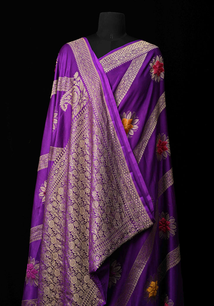 Purple Diagonal Stripes Koniya Motifs Meenakari Velvet embossed Weaving Banarasi Mashru Silk Saree With Zari Border |  SILK MARK CERTIFIED