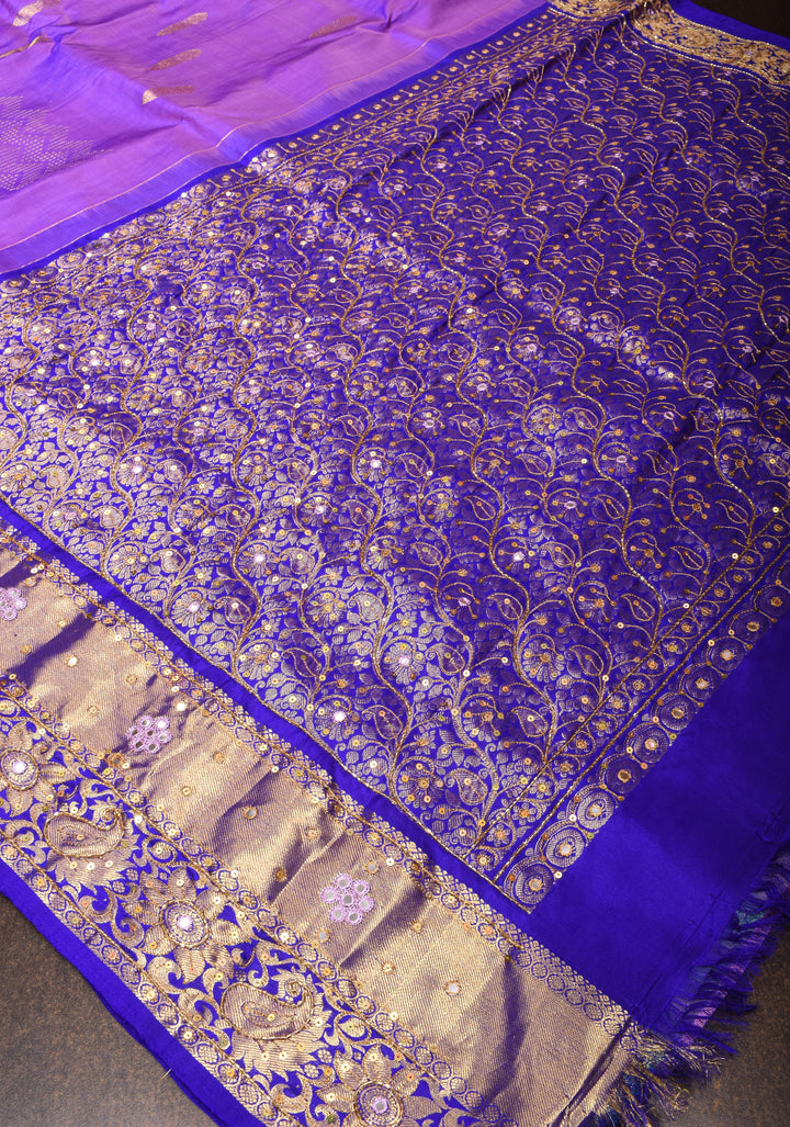 Lavender Kanjivaram Silk Saree with chevron pattern and Sequins, cutdana work | SILK MARK CERTIFIED