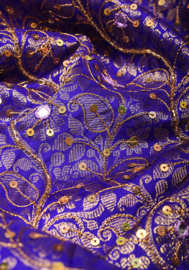Lavender Kanjivaram Silk Saree with chevron pattern and Sequins, cutdana work | SILK MARK CERTIFIED