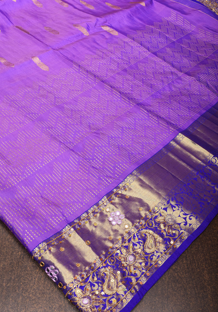 Lavender Kanjivaram Silk Saree with chevron pattern and Sequins, cutdana work | SILK MARK CERTIFIED