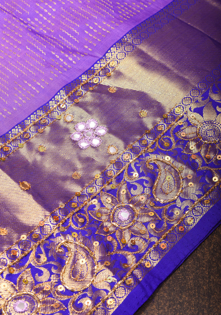Lavender Kanjivaram Silk Saree with chevron pattern and Sequins, cutdana work | SILK MARK CERTIFIED
