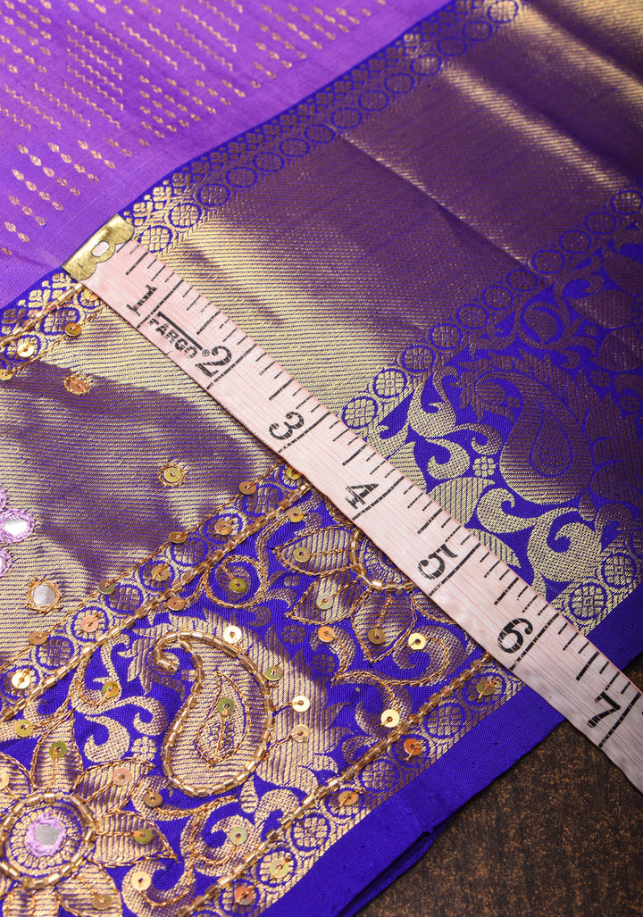 Lavender Kanjivaram Silk Saree with chevron pattern and Sequins, cutdana work | SILK MARK CERTIFIED