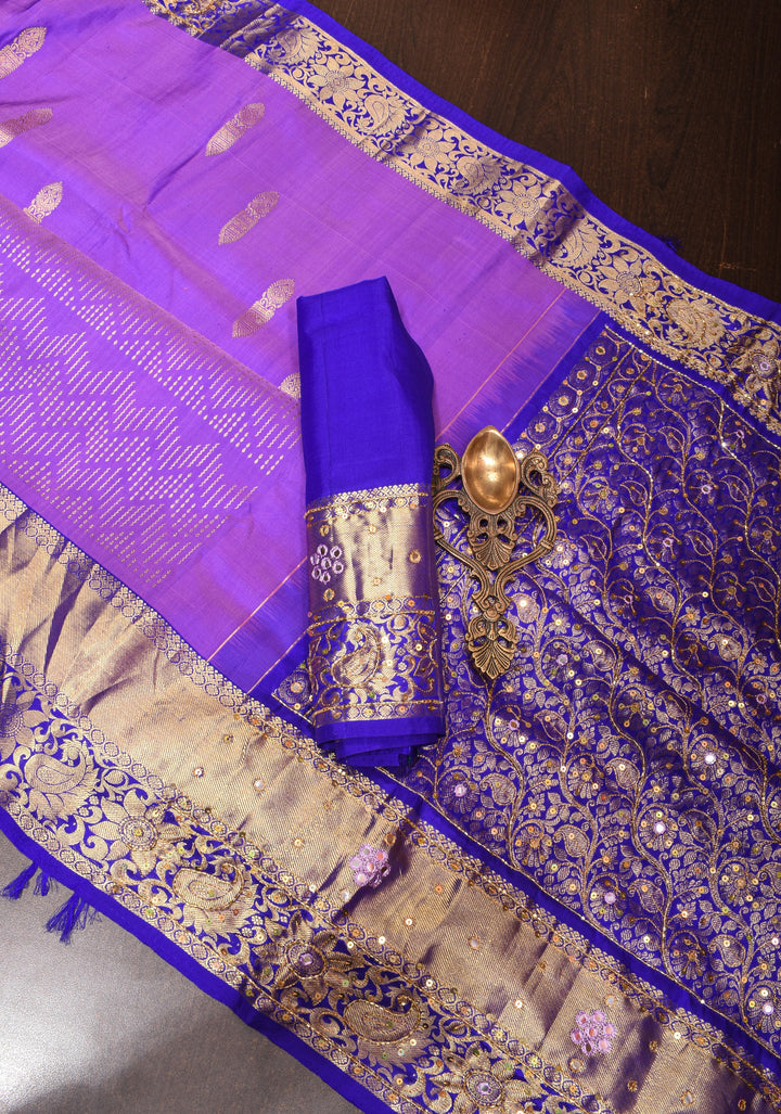 Lavender Kanjivaram Silk Saree with chevron pattern and Sequins, cutdana work | SILK MARK CERTIFIED