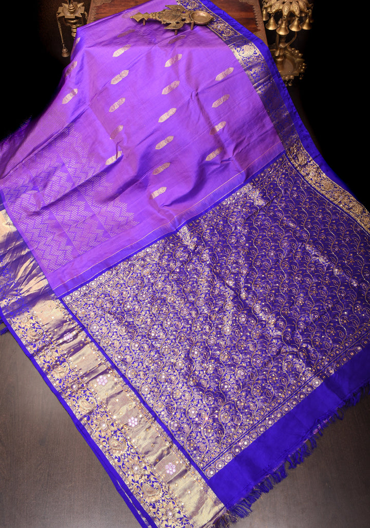 Lavender Kanjivaram Silk Saree with chevron pattern and Sequins, cutdana work | SILK MARK CERTIFIED